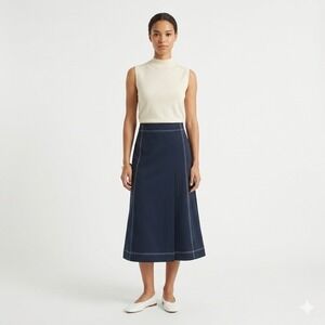 TIBI Navy Blue Contrast Stitch A-Line Midi Skirt Size 2 Career Nautical NWT $495
